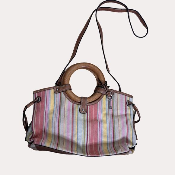 Fossil Canvas Leather Wood Satchel Purse Bag Double Handle Stripe bv - Picture 2 of 11